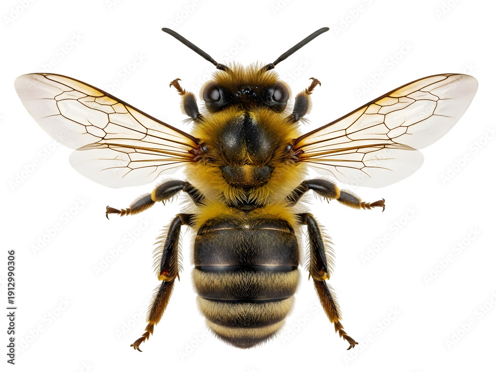 Fototapeta premium Detailed Macro Photograph of a Honey Bee showcasing its intricate anatomy and wings