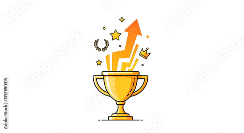 Golden trophy cup with rising arrow and stars success achievement concept isolated on transparent background