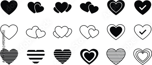 Collection of black and white heart with various and styles hearts symbol love romance