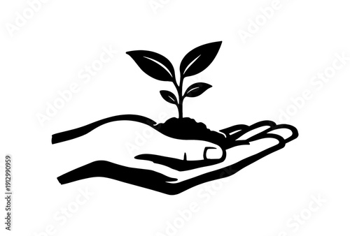 Silhouette hand with growing plant: symbol of nature, growth, and care