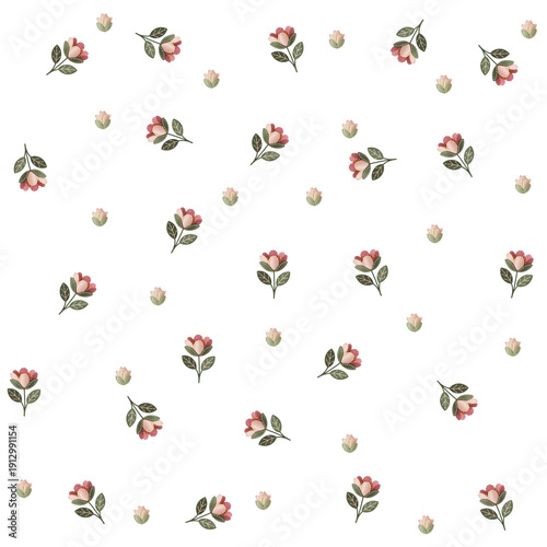 seamless pattern with flowerม Cute Seamless Floral Pattern with Tiny Flowers on White Background, Minimal Nursery