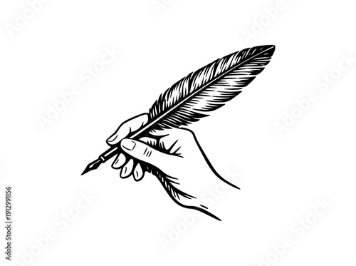 Hand holding quill pen in vintage engraved style on white background