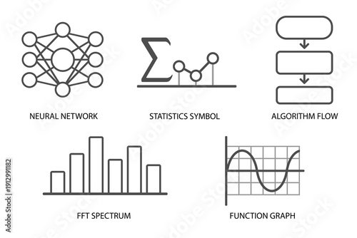 Modern Data Science and Mathematics Line Icons Set