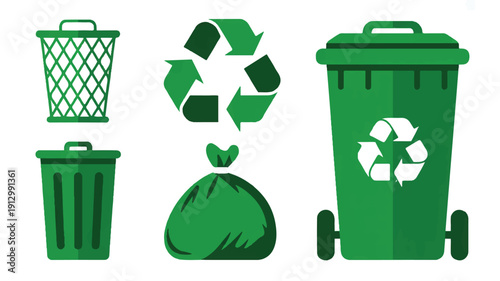 A flat design illustration of various waste management and recycling icons in bright green color against a white background (1)_traced
