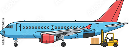 Airplane Cargo Loading Illustration with Forklift and Freight Boxes for Airport Logistics, Air Transport, Shipping Operations, and Vector Design Concepts