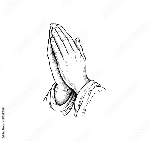 Detailed sketch of hands in prayer pose on white background