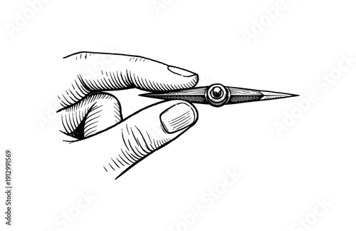 Hand holding drawing compass in detailed sketch style art for designers and artists
