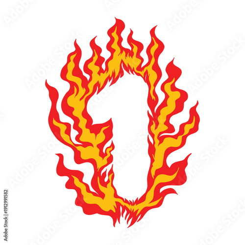 Professional vector illustration of the number 1 designed with realistic burning fire flames. Isolated on background for awards, gaming logos, and energetic creative designs. Number 1 Fire Flame