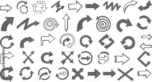 The image shows a well-organized collection of unique arrow designs, presented in a monochromatic color scheme on a clean white background. This arrangement highlights the variety of styles and orient