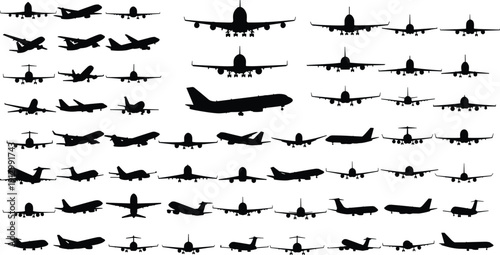 Airplane silhouettes mega collection isolated on white background, commercial passenger and cargo aircraft side and front views for aviation design