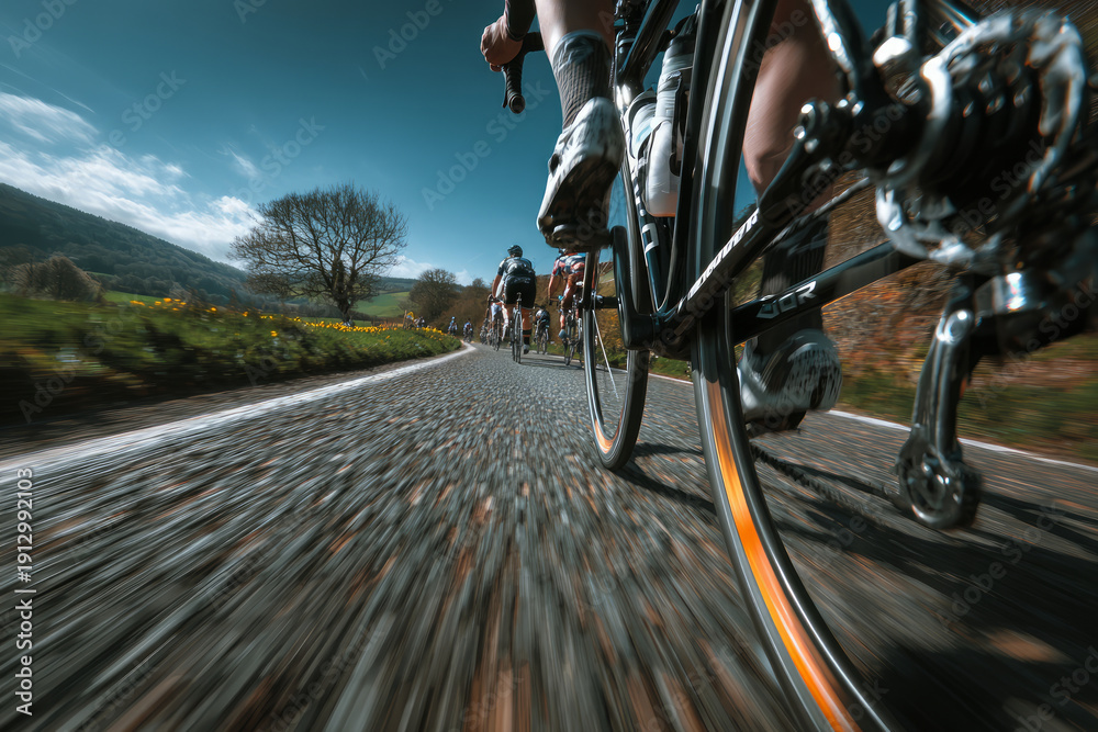 Obraz premium Close-up low angle view of a cyclist's rear wheel during a road race on a sunny day