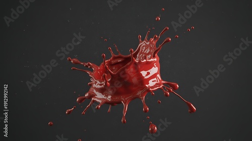 Red liquid splash on dark background  droplets flying through air  abstract art