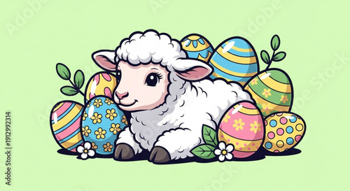Adorable cartoon lamb surrounded by colorful easter eggs on a pastel green background symbolizing spring and new life