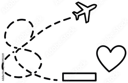 Simple black line illustration of an airplane with a looping dashed flight path ending at a heart and destination tag, evoking travel, romance, adventure, journey planning, and wanderlust.