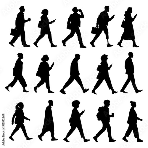 Set of black silhouettes of different people walking in profile. Diverse commuters with bags, phones, coffee and briefcases. Clean monochrome vector icons isolated on transparent background.