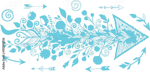 The image you described showcases a stylized arrow in a light blue color, set against a clean white background. This arrow is embellished with floral and feather elements, which lend it a decorative a