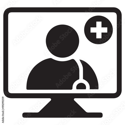 Telemedicine icon representing a doctor consultation on a computer screen with a medical cross symbol for healthcare services.