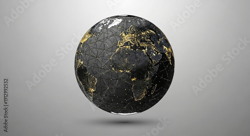 Dark cracked earth globe with gold veins on gray background symbolizing environmental damage and natural resources