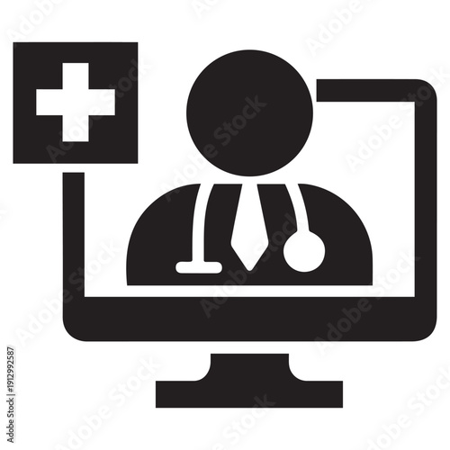 Digital doctor consultation icon with stethoscope, tie, and medical cross on computer screen