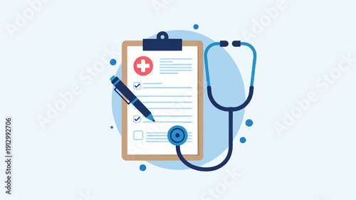 A flat design medical illustration featuring a clipboard with a medical form and red cross symbol on a light blue background (1)_traced
