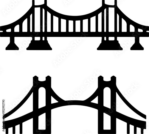 golden gate bridge vector. Black Suspension Bridge Silhouette Icon Isolated on White Background