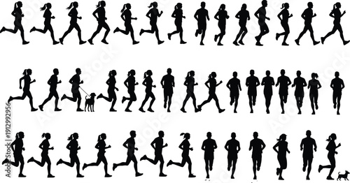 Running people silhouettes collection isolated on white background, men and women jogging fitness activity set with marathon and outdoor training illustration