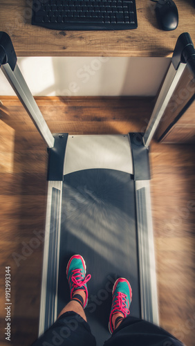 Point of view pov shot looking down at own feet in colorful sneaker walking on walking pad under wooden desk during workday exercise feeling productive and active healthy lifestyle home office gym