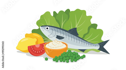A flat, cartoon-style illustration of a fresh seafood and vegetable arrangement on a white background (3)_traced