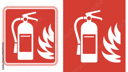 Fire extinguisher for alarm, alert bell, and warning fire symbols, vector illustration depicting dangerous flames, firefighter response, emergency call, fire alarm box, break glass, press action, and 
