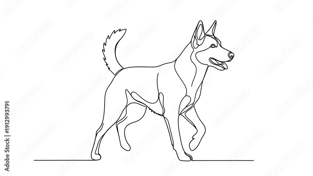 Fototapeta premium A single continuous line drawing of a dog running on a flat surface, viewed from the side, showcasing dynamic movement and energetic posture