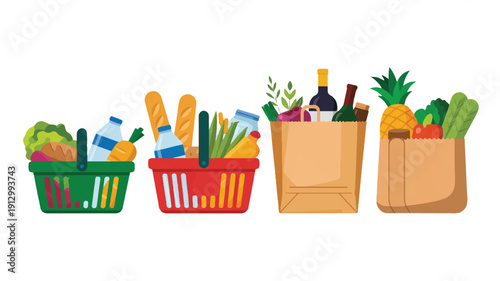 A flat, cartoon-style illustration of four grocery shopping containers arranged in a horizontal line against a white background (3)_traced