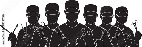 Black Barber Team Silhouette with Professional Hairdressing Tools Illustration