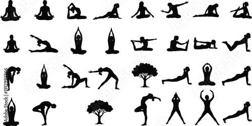 Yoga poses silhouette collection isolated on white background, woman fitness exercise set with meditation, stretching and wellness training illustration for healthy lifestyle design