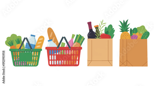 A flat, cartoon-style illustration of four grocery shopping containers arranged in a horizontal line against a white background (2)_traced