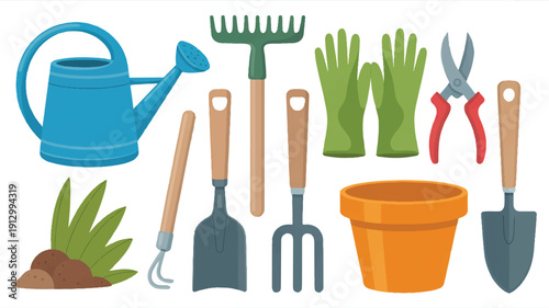 A flat, cartoon-style illustration of gardening tools arranged in a horizontal layout against a white background (1)_traced