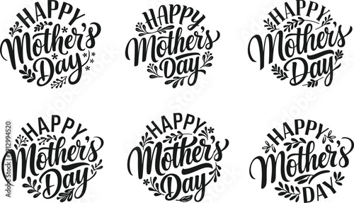 Happy Mother's Day hand drawn calligraphy lettering and floral wreath vector illustration