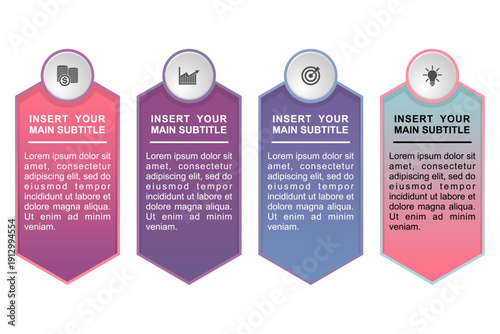 Modern business infographic template with four colorful vertical banners and icons for finance growth target and creative ideas, vector illustration with copy space for professional corporate presenta
