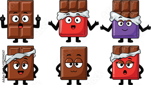 Cute Chocolate Bar Character Set with Funny Facial Expressions and Emotions for Candy Mascots, Sweet Food Branding, Stickers, and Cartoon Vector Designs