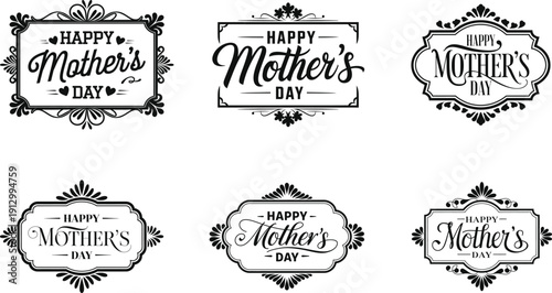 Happy Mother's Day vintage typography labels and floral frames vector illustration