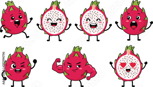 Cute Dragon Fruit Character Set with Funny Facial Expressions and Emotions for Food Mascots, Stickers, Healthy Branding, and Cartoon Vector Illustrations