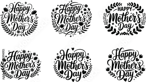Happy Mother's Day hand drawn calligraphy lettering and floral wreath vector illustration