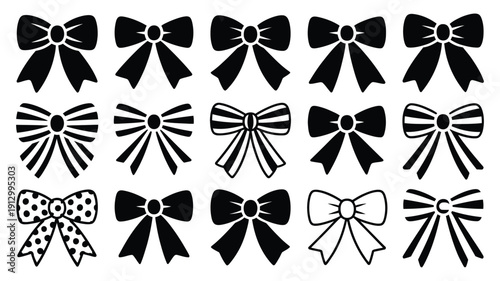 Set of decorative ribbon bows, cute gift knot vector illustration collection, featuring black striped and dotted designs, hair accessories, holiday and party decoration symbols, isolated for digital 