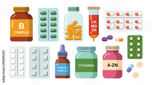 A flat, cartoon-style illustration of various pharmaceutical and supplement items arranged on a white background (3)_traced