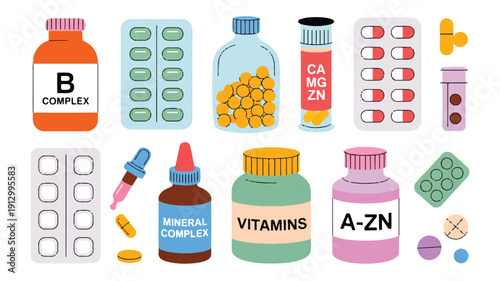 A flat, cartoon-style illustration of various pharmaceutical and supplement items arranged on a white background (4)_traced