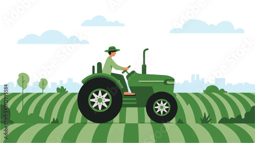 A flat, minimalist illustration of a farmer driving a green tractor across a striped agricultural field (1)_traced