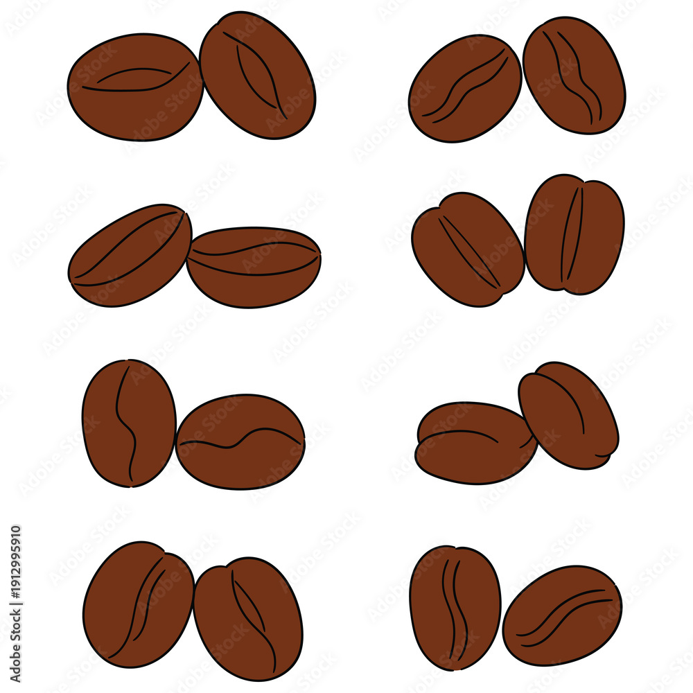 Fototapeta premium Hand-drawn cartoon set of roasted coffee beans on a white background.