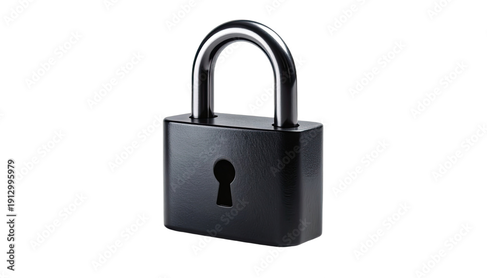 Fototapeta premium A sleek, dark padlock with a silver shackle set against a solid black background.