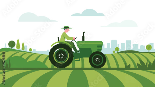 A flat, minimalist illustration of a farmer driving a green tractor across a striped agricultural field (3)_traced