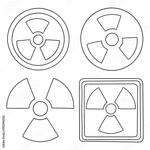 Hand-drawn doodle set of nuclear radiation signs on a white background.