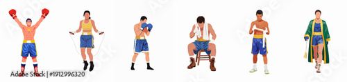 Vector collection of boxers training, preparing, fighting, and celebrating victory, isolated on white background.